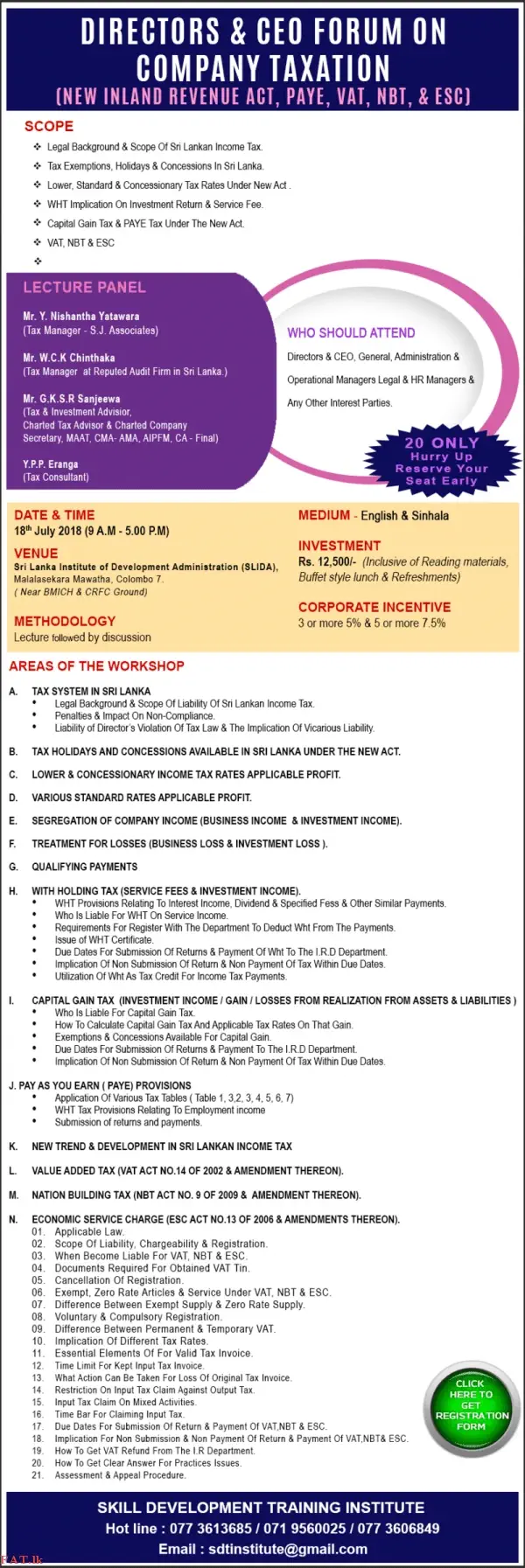 Directors and CEO Forum On Company Taxation (New ACT,PAYE, VAT, NBT, ESC )