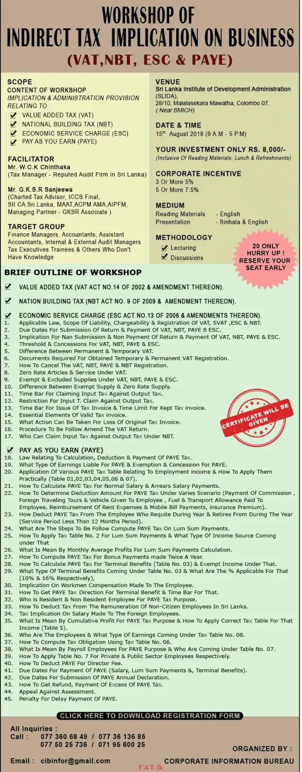 Workshop Of Indirect tax Implication On Business (VAT, NBT, ESC & PAYE)