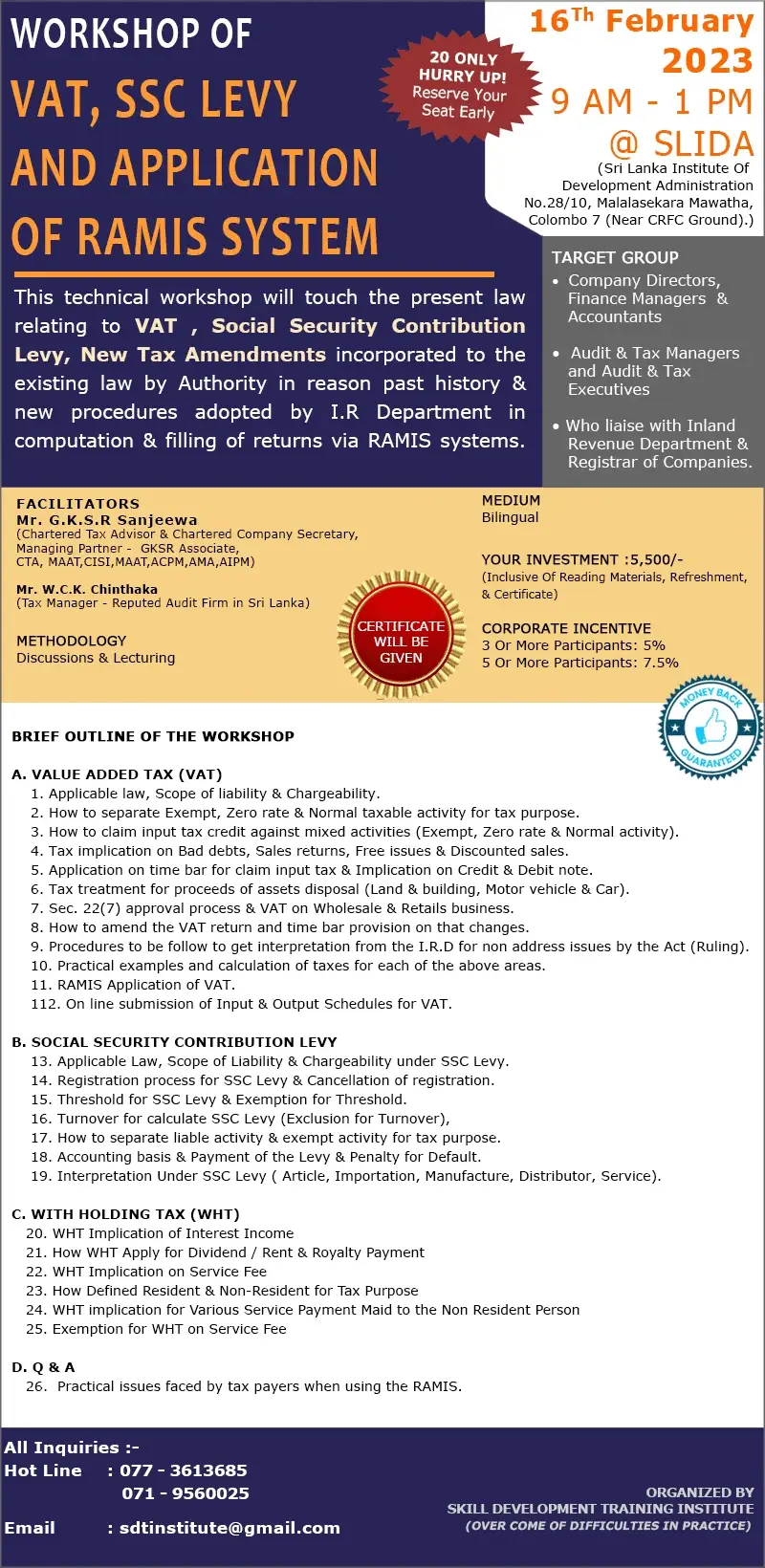 Workshop of VAT, SSC Levy and Application of Ramis System