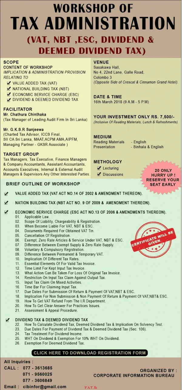 Workshop of Tax Administration (VAT, NBT, ESC & Dividend Tax)