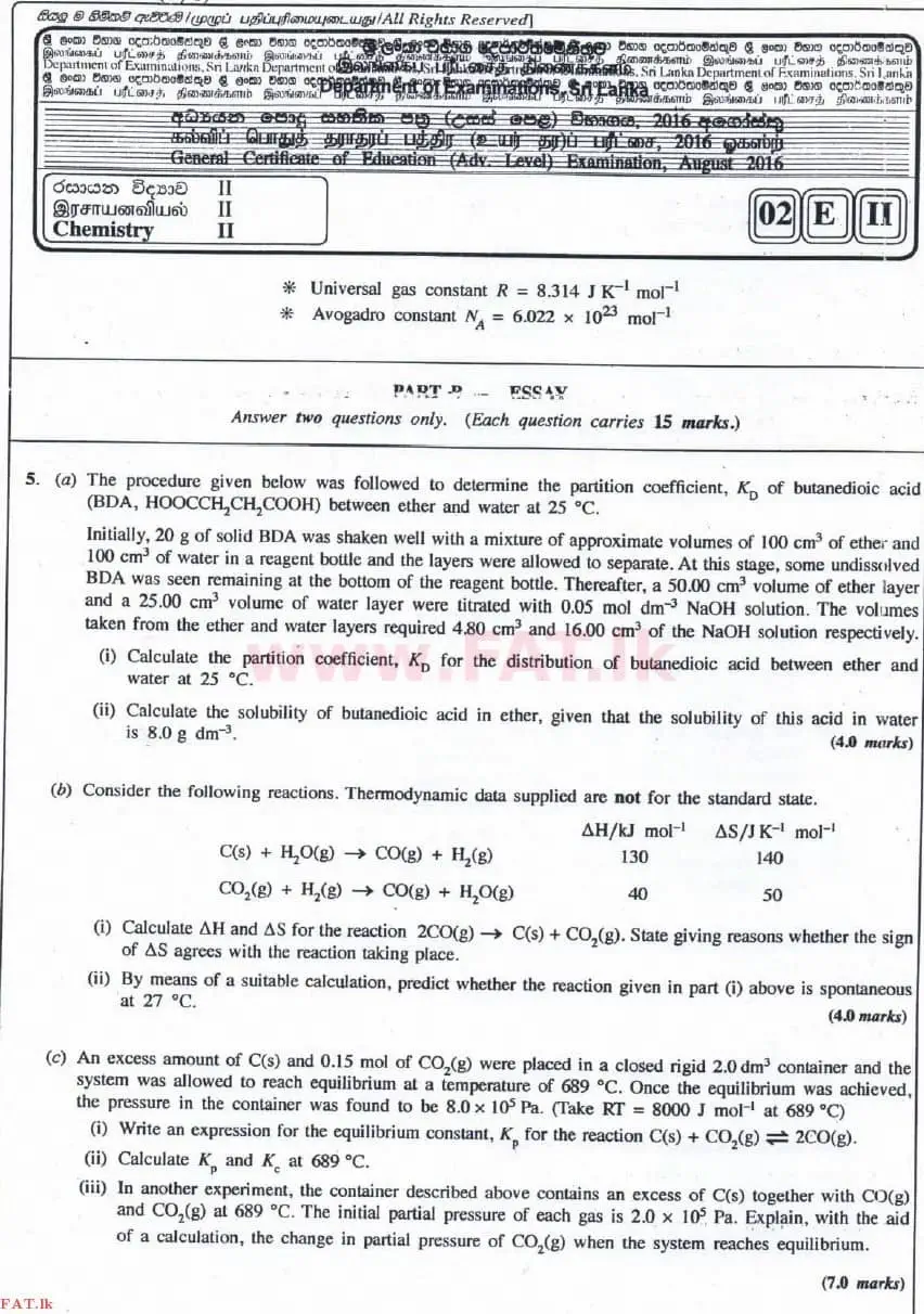 உள்ளூர் பாடத்திட்டம் : உயர்தரம் (உ/த) இரசாயனவியல் - 2016 ஆகஸ்ட் - தாள்கள் II (English மொழிமூலம்) 5 1