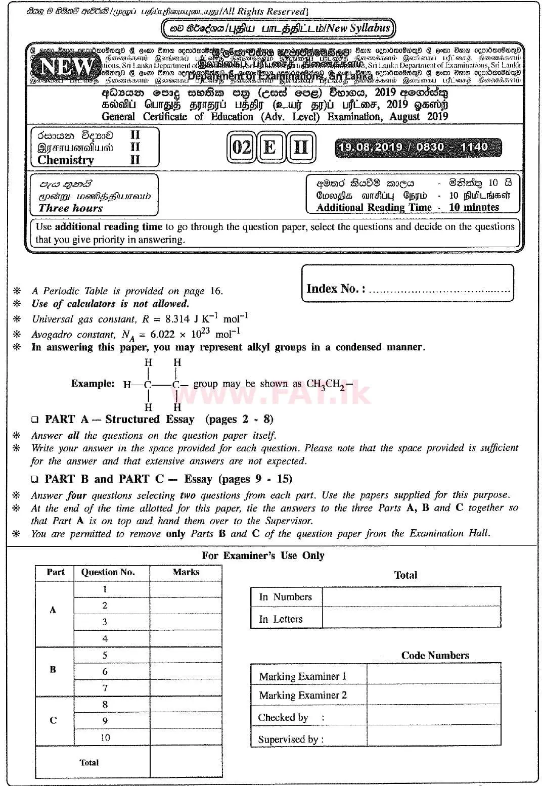 National Syllabus : Advanced Level (A/L) Chemistry - 2019 August - Paper II (New Syllabus) (English Medium) 0 1