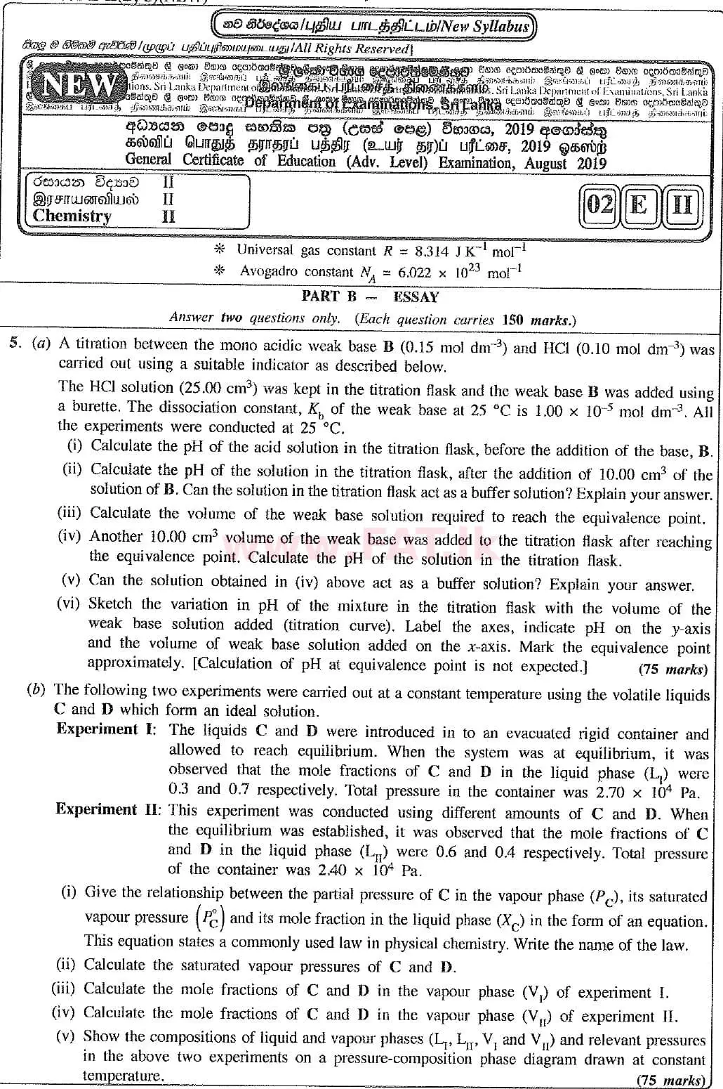 National Syllabus : Advanced Level (A/L) Chemistry - 2019 August - Paper II (New Syllabus) (English Medium) 5 1
