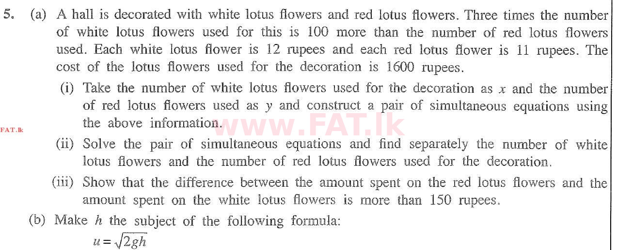 National Syllabus : Ordinary Level (O/L) Mathematics - 2020 March - Paper II (English Medium) 5 1
