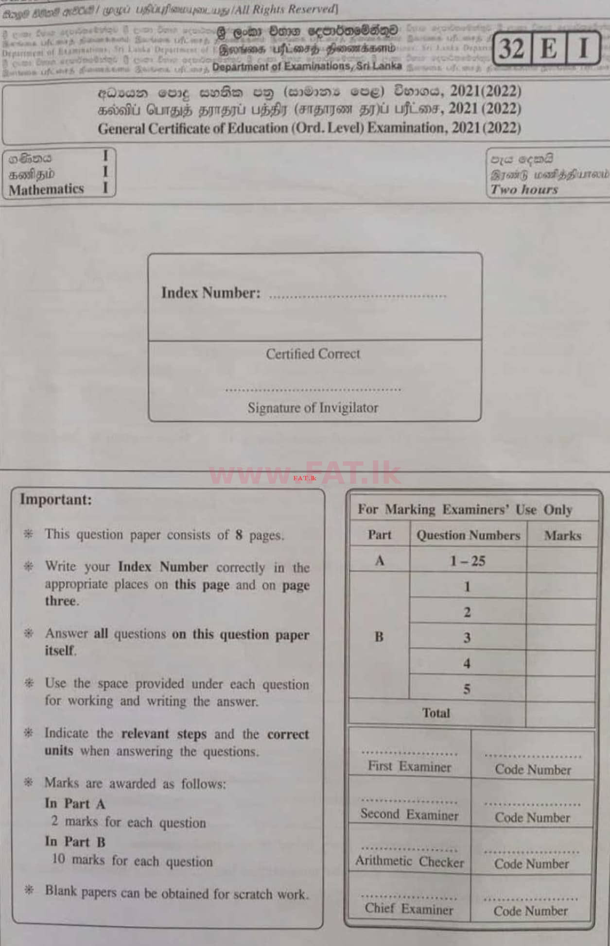 National Syllabus : Ordinary Level (O/L) Mathematics - 2021 May - Paper I (English Medium) 0 1