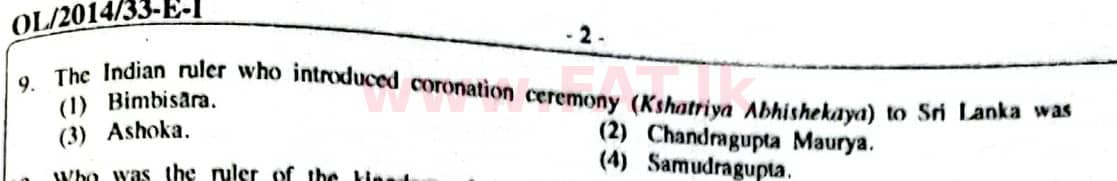 உள்ளூர் பாடத்திட்டம் : சாதாரண நிலை (சா/த) வரலாறு - 2014 டிசம்பர் - தாள்கள் I (English மொழிமூலம்) 9 1