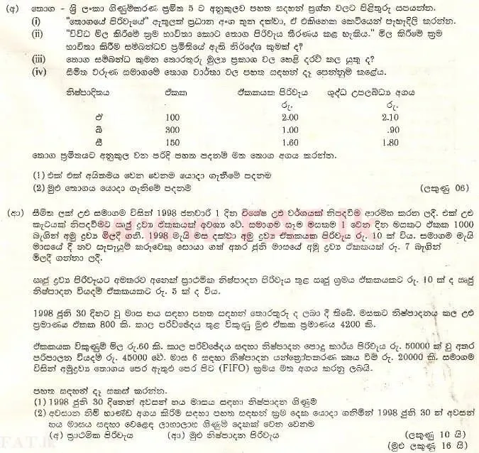 දේශීය විෂය නිර්දේශය : උසස් පෙළ (A/L) ගිණුම්කරණය - 1998 අගෝස්තු - ප්‍රශ්න පත්‍රය I (සිංහල මාධ්‍යය) 6 1