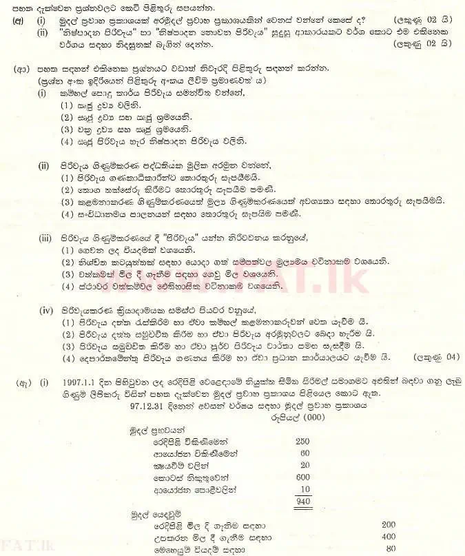 உள்ளூர் பாடத்திட்டம் : உயர்தரம் (உ/த) கணக்கியல் - 1998 ஆகஸ்ட் - தாள்கள் II (සිංහල மொழிமூலம்) 2 1