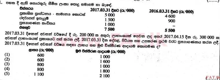 உள்ளூர் பாடத்திட்டம் : உயர்தரம் (உ/த) கணக்கியல் - 2017 ஆகஸ்ட் - தாள்கள் I A (සිංහල மொழிமூலம்) 21 1