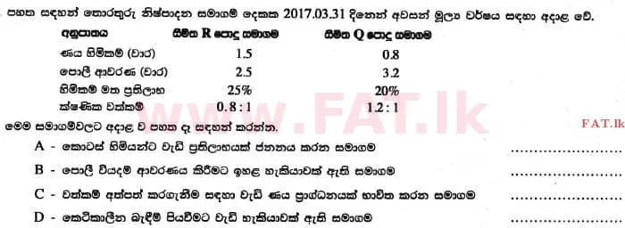 உள்ளூர் பாடத்திட்டம் : உயர்தரம் (உ/த) கணக்கியல் - 2017 ஆகஸ்ட் - தாள்கள் I B (සිංහල மொழிமூலம்) 15 1