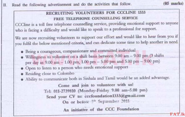 National Syllabus : Advanced Level (A/L) English Language - 2015 August - Paper I (English Medium) 7 1