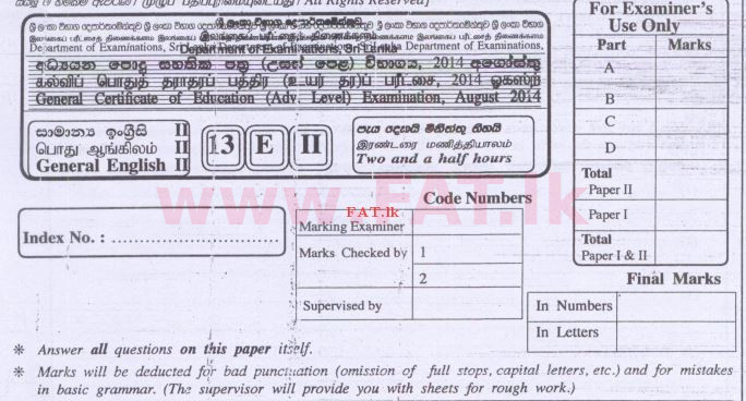 දේශීය විෂය නිර්දේශය : උසස් පෙළ (A/L) ඉංග්‍රීසි භාෂාව - 2014 අගෝස්තු - ප්‍රශ්න පත්‍රය II (English මාධ්‍යය) 0 1