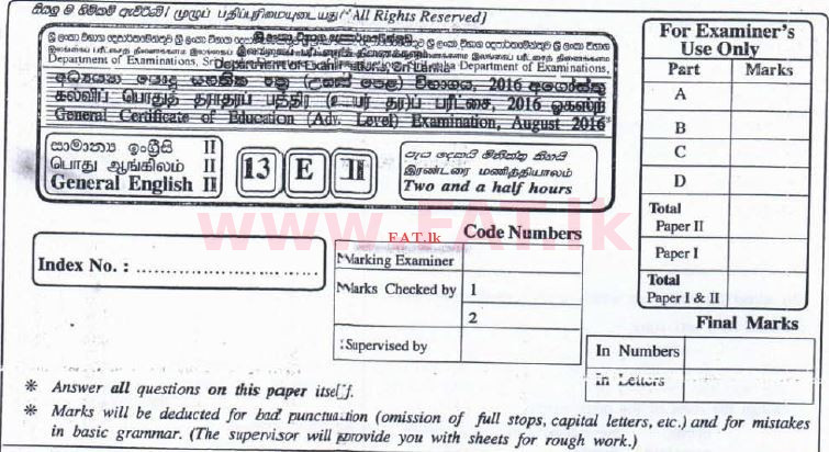 உள்ளூர் பாடத்திட்டம் : உயர்தரம் (உ/த) ஆங்கிலம் - 2016 ஆகஸ்ட் - தாள்கள் II (English மொழிமூலம்) 0 1