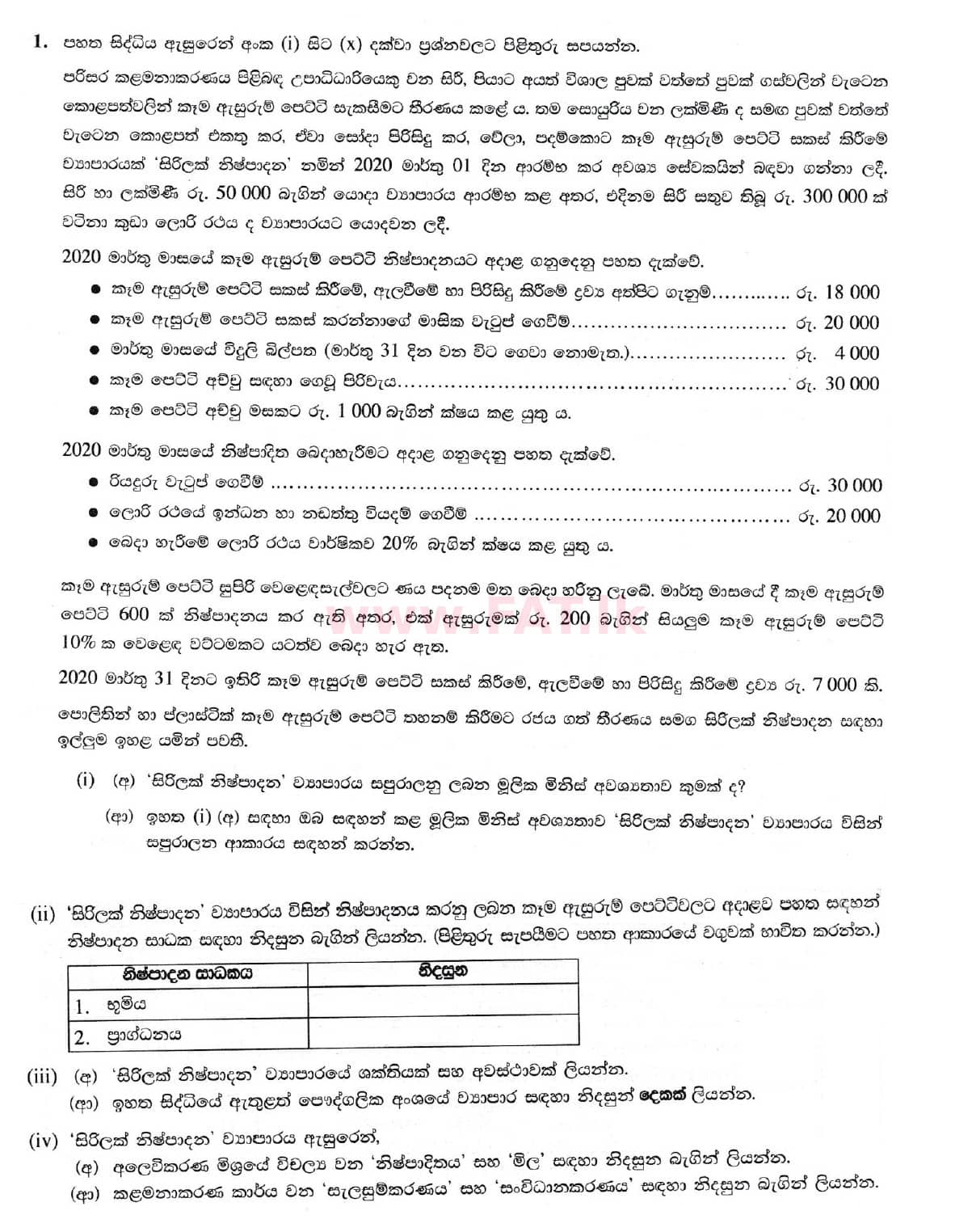 உள்ளூர் பாடத்திட்டம் : சாதாரண நிலை (சா/த) வர்த்தகக் கல்வி மற்றும் கணக்கியல் - 2020 மார்ச் - தாள்கள் II (සිංහල மொழிமூலம்) 1 1