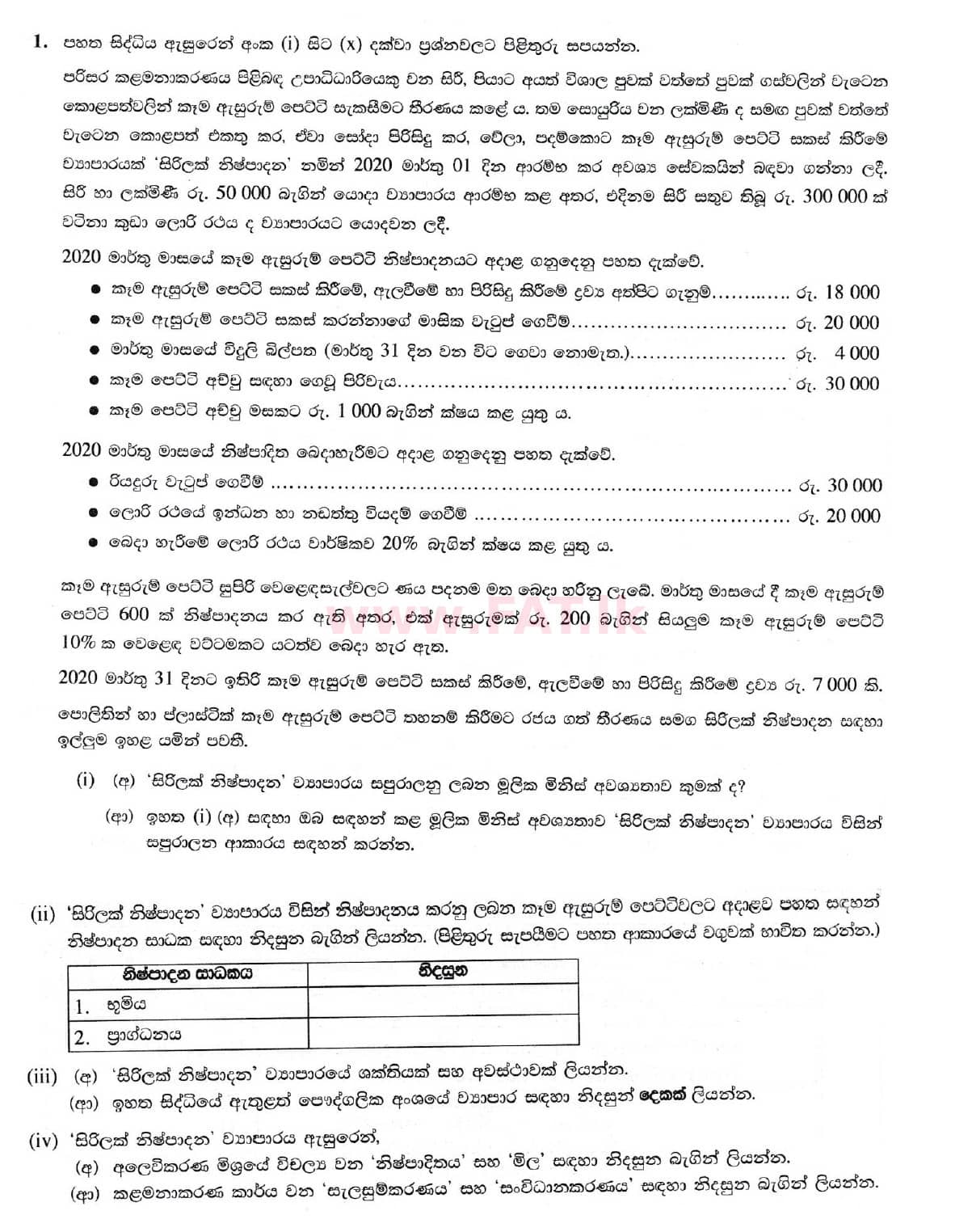 National Syllabus : Ordinary Level (O/L) Business and Accounting Studies - 2020 March - Paper II (සිංහල Medium) 1 1