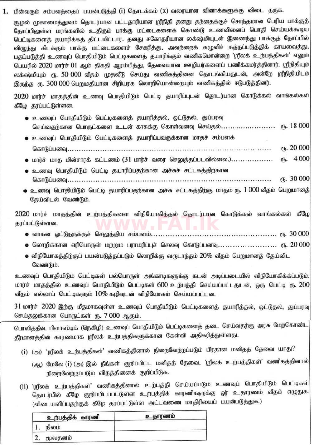 உள்ளூர் பாடத்திட்டம் : சாதாரண நிலை (சா/த) வர்த்தகக் கல்வி மற்றும் கணக்கியல் - 2020 மார்ச் - தாள்கள் II (தமிழ் மொழிமூலம்) 1 1