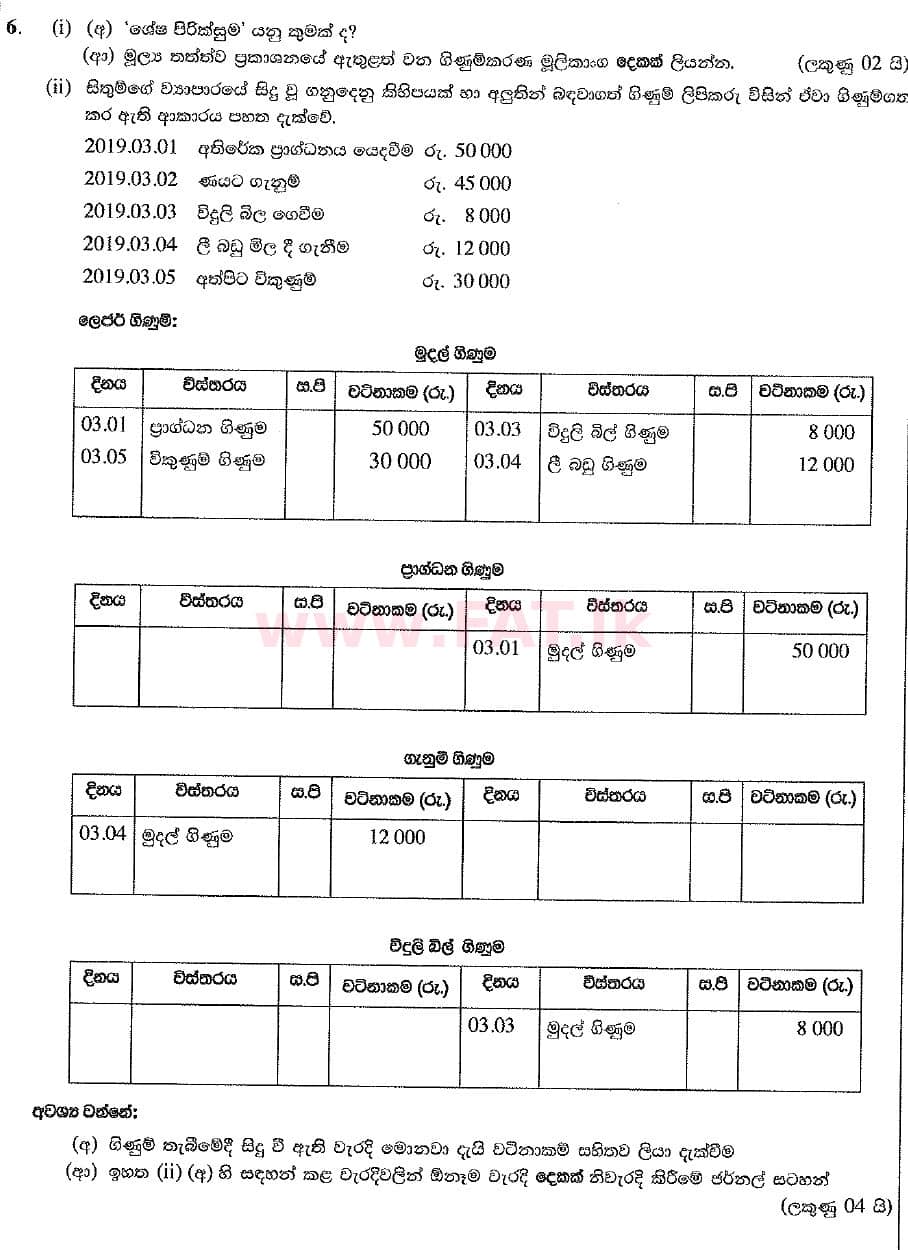 உள்ளூர் பாடத்திட்டம் : சாதாரண நிலை (சா/த) வர்த்தகக் கல்வி மற்றும் கணக்கியல் - 2019 மார்ச் - தாள்கள் II (සිංහල மொழிமூலம்) 6 1