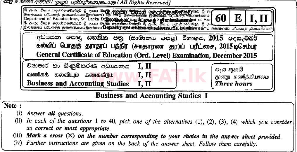 National Syllabus : Ordinary Level (O/L) Business and Accounting Studies - 2015 December - Paper I (English Medium) 0 1