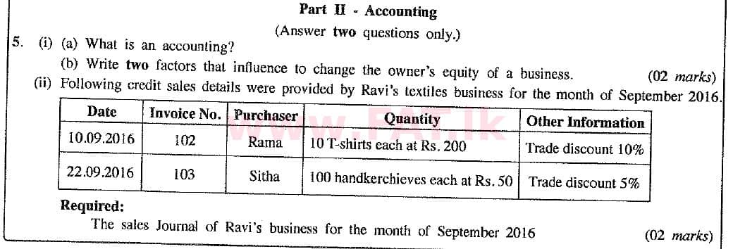 உள்ளூர் பாடத்திட்டம் : சாதாரண நிலை (சா/த) வர்த்தகக் கல்வி மற்றும் கணக்கியல் - 2016 டிசம்பர் - தாள்கள் II (புதிய பாடத்திட்டம்) (English மொழிமூலம்) 5 1