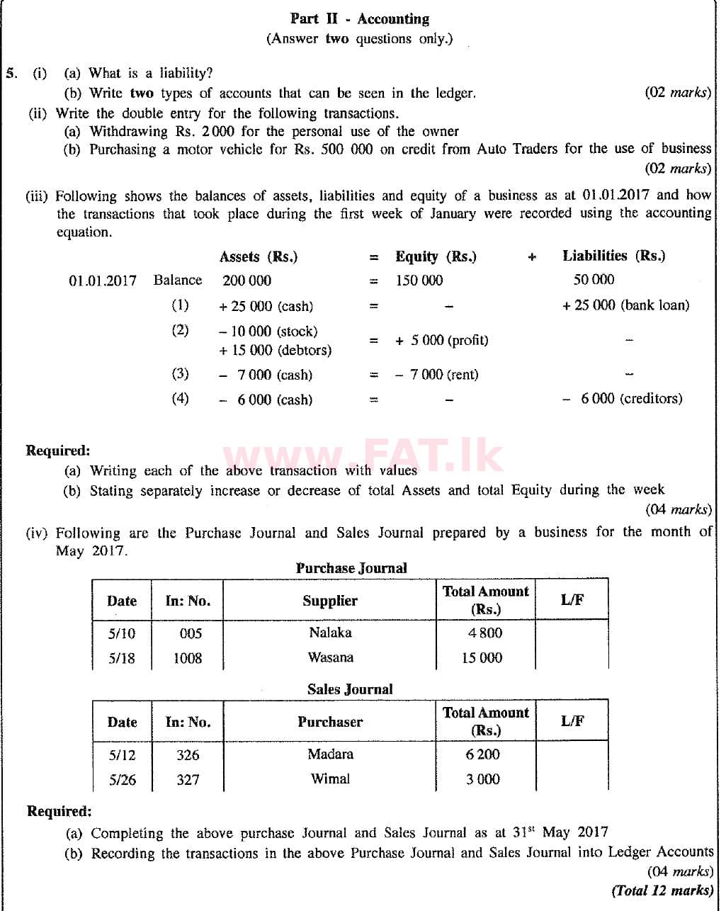 உள்ளூர் பாடத்திட்டம் : சாதாரண நிலை (சா/த) வர்த்தகக் கல்வி மற்றும் கணக்கியல் - 2017 டிசம்பர் - தாள்கள் II (புதிய பாடத்திட்டம்) (English மொழிமூலம்) 5 1
