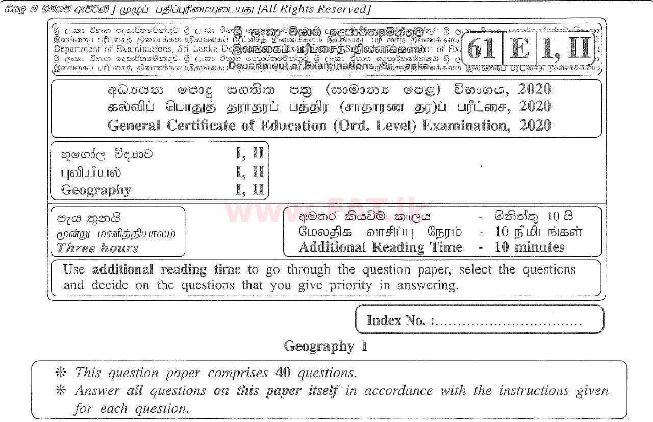 National Syllabus : Ordinary Level (O/L) Geography - 2020 March - Paper I (English Medium) 0 1