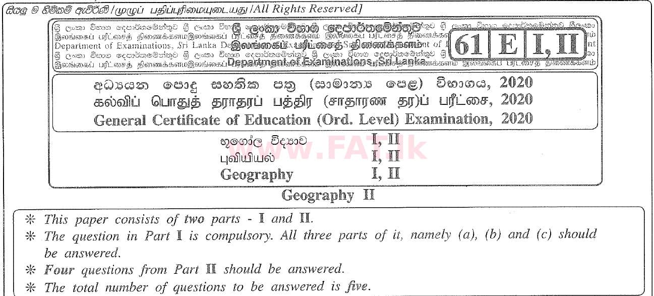 National Syllabus : Ordinary Level (O/L) Geography - 2020 March - Paper II (English Medium) 0 1