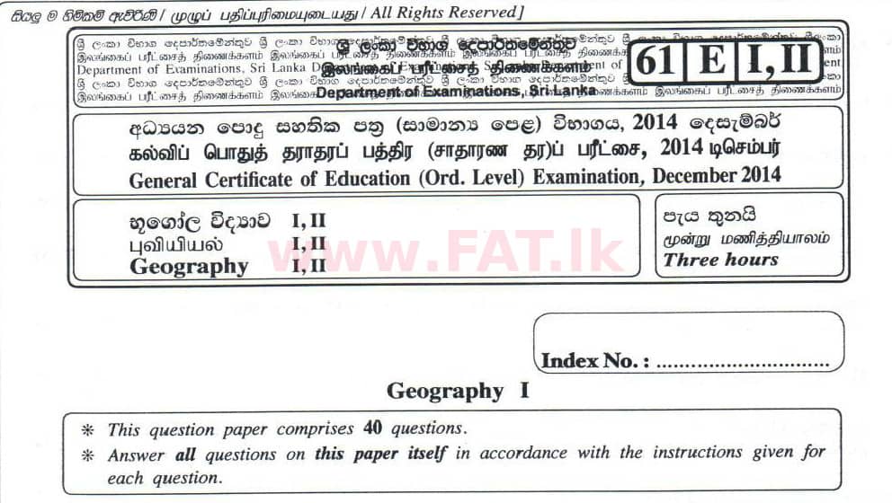National Syllabus : Ordinary Level (O/L) Geography - 2014 December - Paper I (English Medium) 0 1
