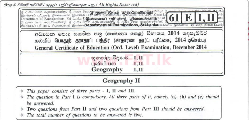 National Syllabus : Ordinary Level (O/L) Geography - 2014 December - Paper II (English Medium) 0 1