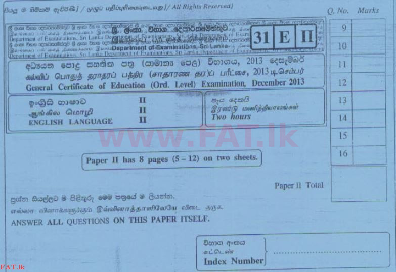 உள்ளூர் பாடத்திட்டம் : சாதாரண நிலை (சா/த) ஆங்கிலம் - 2013 டிசம்பர் - தாள்கள் II (English மொழிமூலம்) 0 1