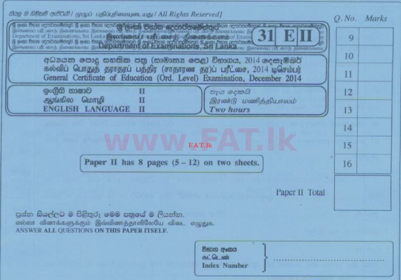 உள்ளூர் பாடத்திட்டம் : சாதாரண நிலை (சா/த) ஆங்கிலம் - 2014 டிசம்பர் - தாள்கள் II (English மொழிமூலம்) 0 1