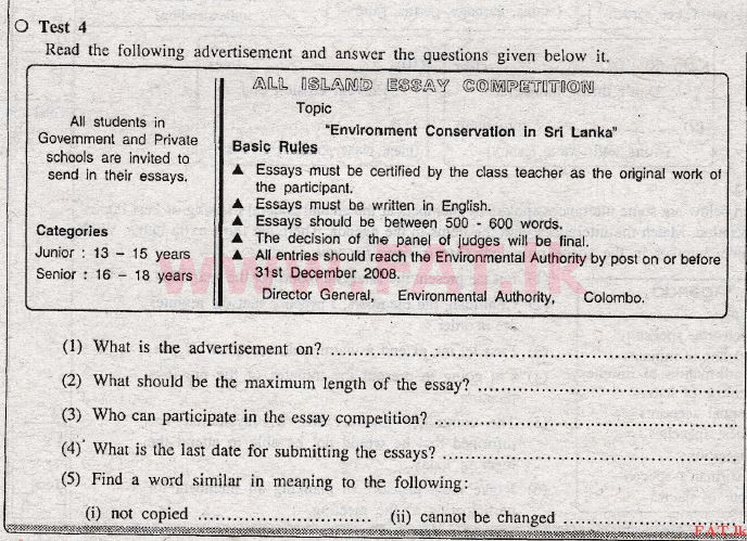 உள்ளூர் பாடத்திட்டம் : சாதாரண நிலை (சா/த) ஆங்கிலம் - 2008 டிசம்பர் - தாள்கள் I (English மொழிமூலம்) 4 1