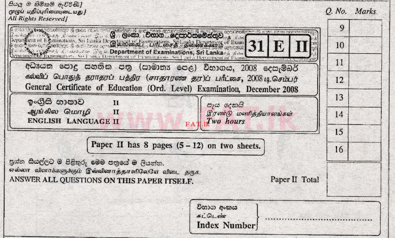 உள்ளூர் பாடத்திட்டம் : சாதாரண நிலை (சா/த) ஆங்கிலம் - 2008 டிசம்பர் - தாள்கள் II (English மொழிமூலம்) 0 1