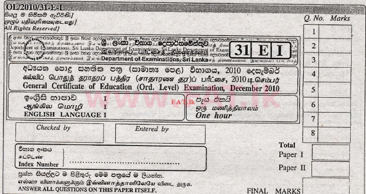 National Syllabus : Ordinary Level (O/L) English Language - 2010 December - Paper I (English Medium) 0 1