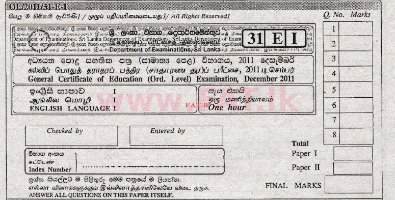 දේශීය විෂය නිර්දේශය : සාමාන්‍ය පෙළ (O/L) ඉංග්‍රීසි භාෂාව - 2011 දෙසැම්බර් - ප්‍රශ්න පත්‍රය I (English මාධ්‍යය) 0 1
