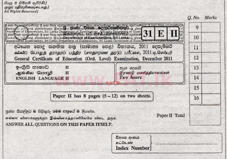 දේශීය විෂය නිර්දේශය : සාමාන්‍ය පෙළ (O/L) ඉංග්‍රීසි භාෂාව - 2011 දෙසැම්බර් - ප්‍රශ්න පත්‍රය II (English මාධ්‍යය) 0 1