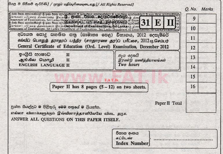 දේශීය විෂය නිර්දේශය : සාමාන්‍ය පෙළ (O/L) ඉංග්‍රීසි භාෂාව - 2012 දෙසැම්බර් - ප්‍රශ්න පත්‍රය II (English මාධ්‍යය) 0 1