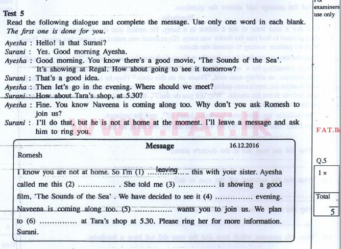உள்ளூர் பாடத்திட்டம் : சாதாரண நிலை (சா/த) ஆங்கிலம் - 2016 டிசம்பர் - தாள்கள் I (English மொழிமூலம்) 5 1