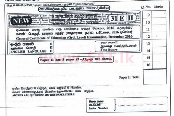 உள்ளூர் பாடத்திட்டம் : சாதாரண நிலை (சா/த) ஆங்கிலம் - 2016 டிசம்பர் - தாள்கள் II (English மொழிமூலம்) 0 1
