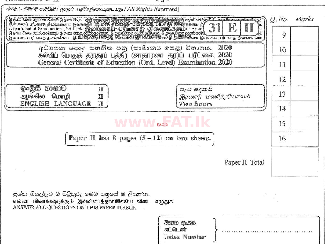 உள்ளூர் பாடத்திட்டம் : சாதாரண நிலை (சா/த) ஆங்கிலம் - 2020 மார்ச் - தாள்கள் II (English மொழிமூலம்) 0 1