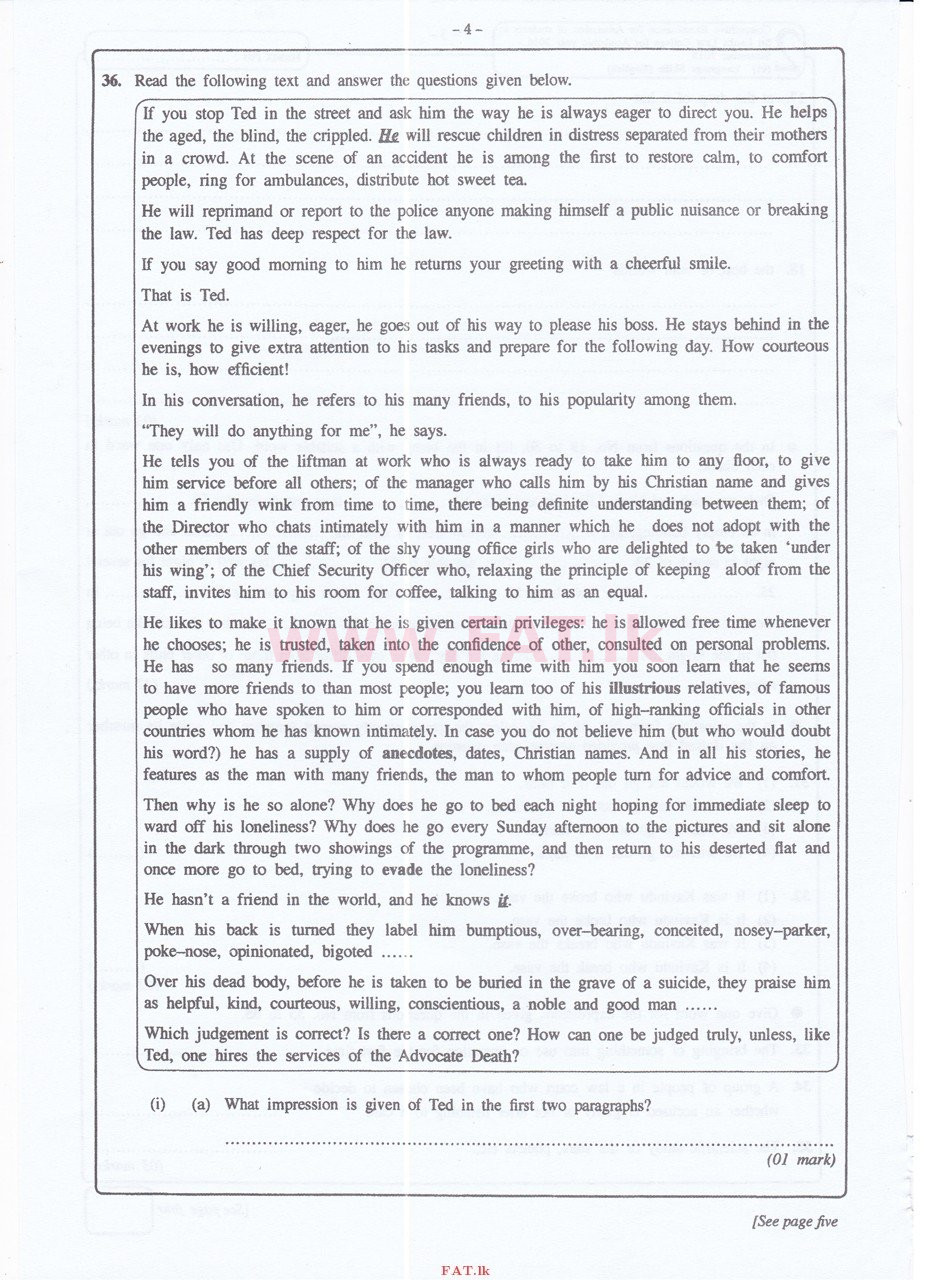 உள்ளூர் பாடத்திட்டம் : இலங்கை சட்டக்கல்லூரி இலங்கை சட்டக்கல்லூரி நுழைவுத்தேர்வு - 2015 செப்டம்பர் - Language Skills - English (English மொழிமூலம்) 36 1