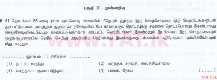 உள்ளூர் பாடத்திட்டம் : இலங்கை சட்டக்கல்லூரி இலங்கை சட்டக்கல்லூரி நுழைவுத்தேர்வு - 2016 செப்டம்பர் - General Knowledge and Intelligence (தமிழ் மொழிமூலம்) 51 1
