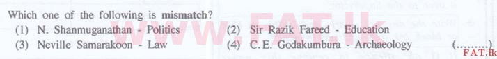 National Syllabus : Sri Lanka Law College Law Entrance - 2016 September - General Knowledge and Intelligence (English Medium) 9 1