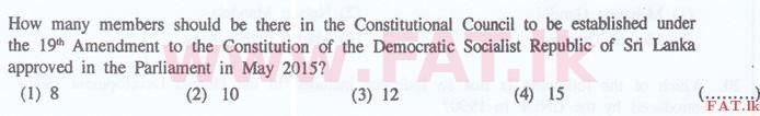 உள்ளூர் பாடத்திட்டம் : இலங்கை சட்டக்கல்லூரி இலங்கை சட்டக்கல்லூரி நுழைவுத்தேர்வு - 2015 செப்டம்பர் - General Knowledge and Intelligence (English மொழிமூலம்) 9 1