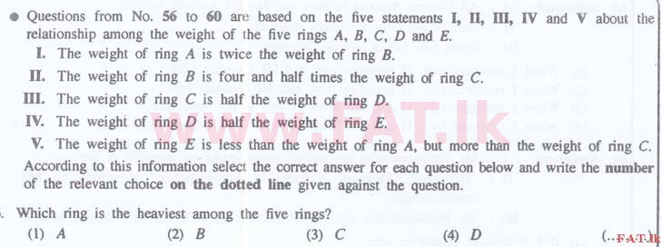 உள்ளூர் பாடத்திட்டம் : இலங்கை சட்டக்கல்லூரி இலங்கை சட்டக்கல்லூரி நுழைவுத்தேர்வு - 2015 செப்டம்பர் - General Knowledge and Intelligence (English மொழிமூலம்) 56 1