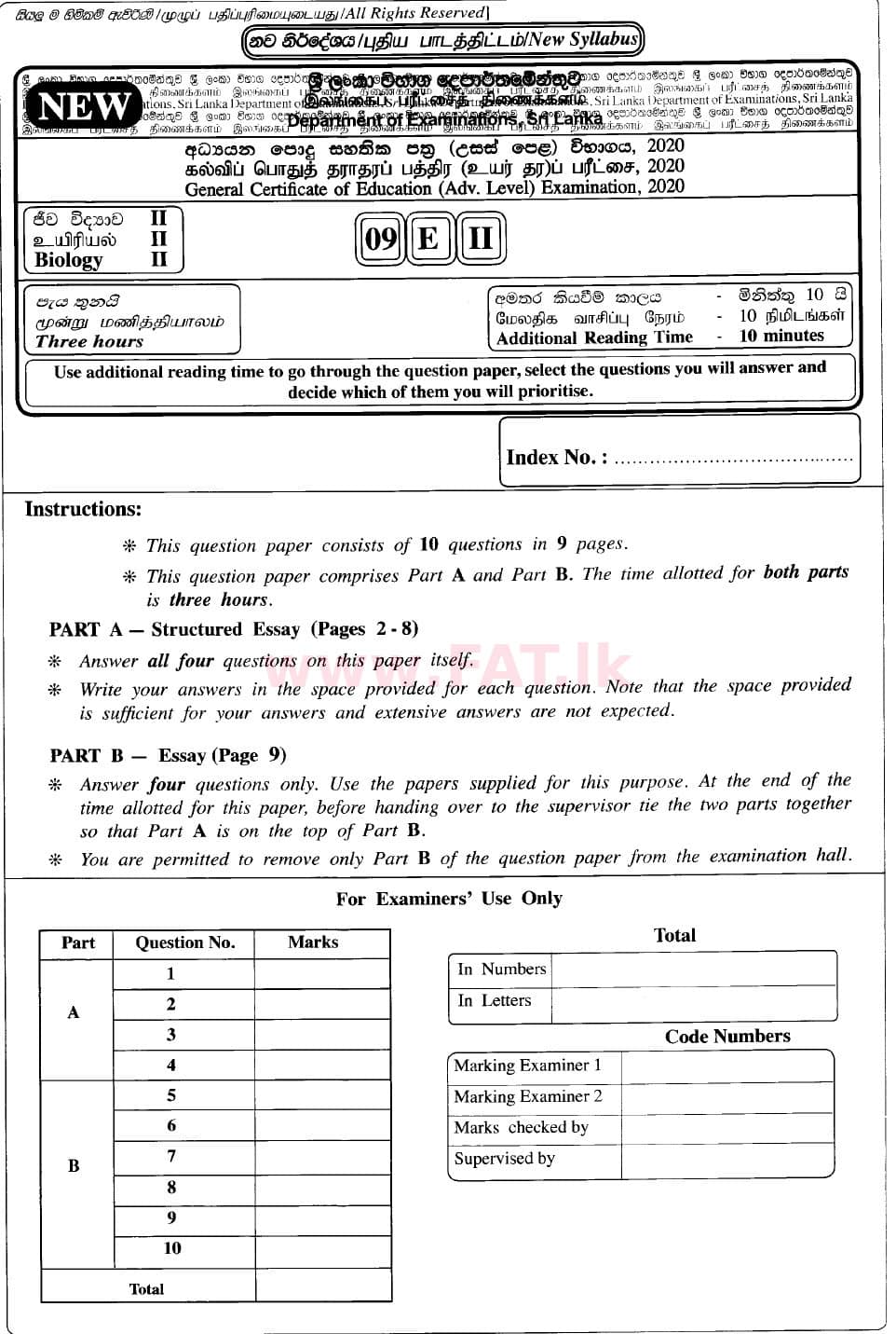National Syllabus : Advanced Level (A/L) Biology - 2020 October - Paper II (New Syllabus) (English Medium) 0 1