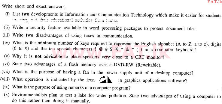 National Syllabus : Ordinary Level (O/L) Information & Communication Technology ICT - 2009 December - Paper II (English Medium) 1 1