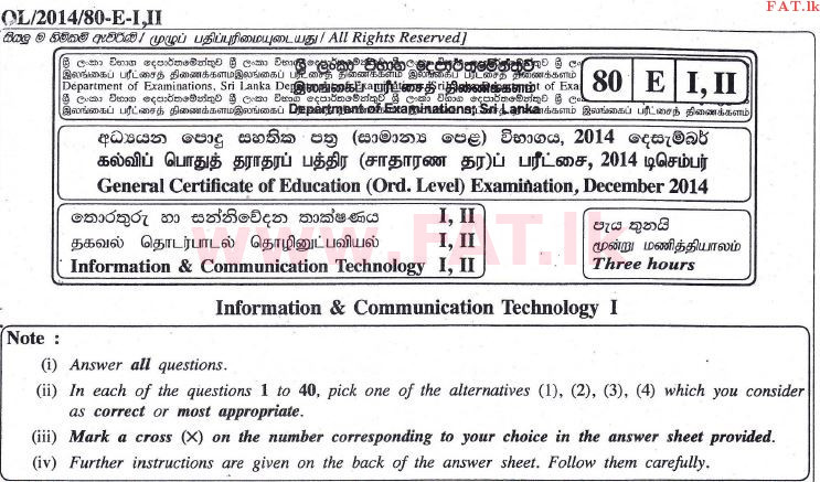 National Syllabus : Ordinary Level (O/L) Information & Communication Technology ICT - 2014 December - Paper I (English Medium) 0 1
