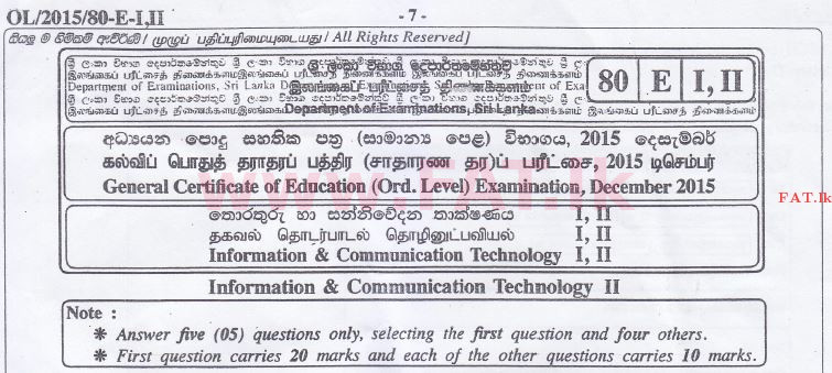 National Syllabus : Ordinary Level (O/L) Information & Communication Technology ICT - 2015 December - Paper II (English Medium) 0 1