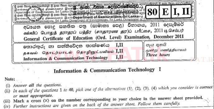 National Syllabus : Ordinary Level (O/L) Information & Communication Technology ICT - 2011 December - Paper I (English Medium) 0 1