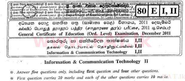 National Syllabus : Ordinary Level (O/L) Information & Communication Technology ICT - 2011 December - Paper II (English Medium) 0 1